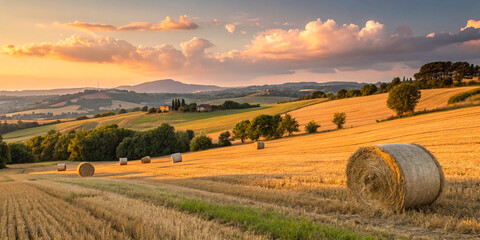 The countryside at sunset, with hay bales scattered across the field, bathed in the golden light of the setting sun.