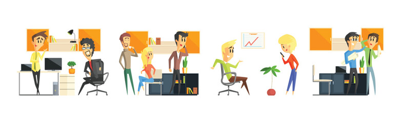 Business Man and Woman Character at Office with Furniture Vector Set