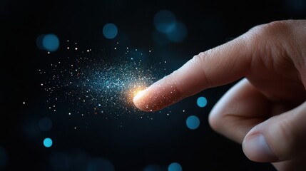 Close-up of a finger pressing a shimmering submit button amidst a cosmic background of stars and glowing particles, representing the digital connection and interaction in technology.