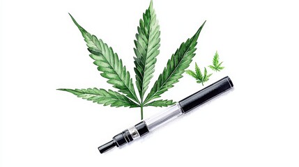 A modern vape pen surrounded by vibrant cannabis leaves, symbolizing relaxation and contemporary lifestyle choices.