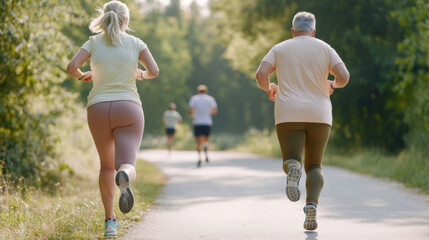 Mature caucasian people running along forest path, running club, healthy lifestyle concept