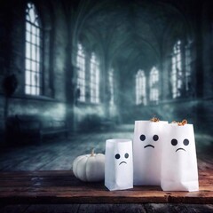 spooky yet captivating photograph of ghostly-themed trick or treat bags placed in a Gothic setting at Eye Level Shot. no text