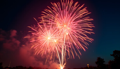 Colorful fireworks display at night, festive atmosphere, celebration in the sky, copy space