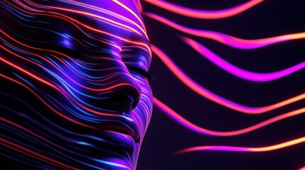 Fototapeta premium A stylized face illuminated by vibrant, flowing light patterns, creating an ethereal effect.