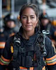 Fototapeta premium Empowering Female Firefighter Leading a Team in Action, Breaking Stereotypes and Inspiring Future Generations with Dedication and Courage in the Fire Service