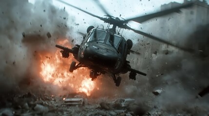 A military helicopter navigates through a fiery explosion, surrounded by urban devastation and debris, illustrating chaos and conflict in a war-torn environment.