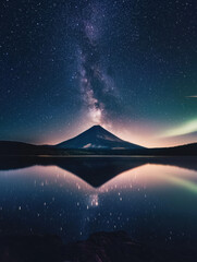 Fototapeta premium A glowing Milky Way arcs above a serene mountain lake, reflecting celestial brilliance and the tranquillity of nature.