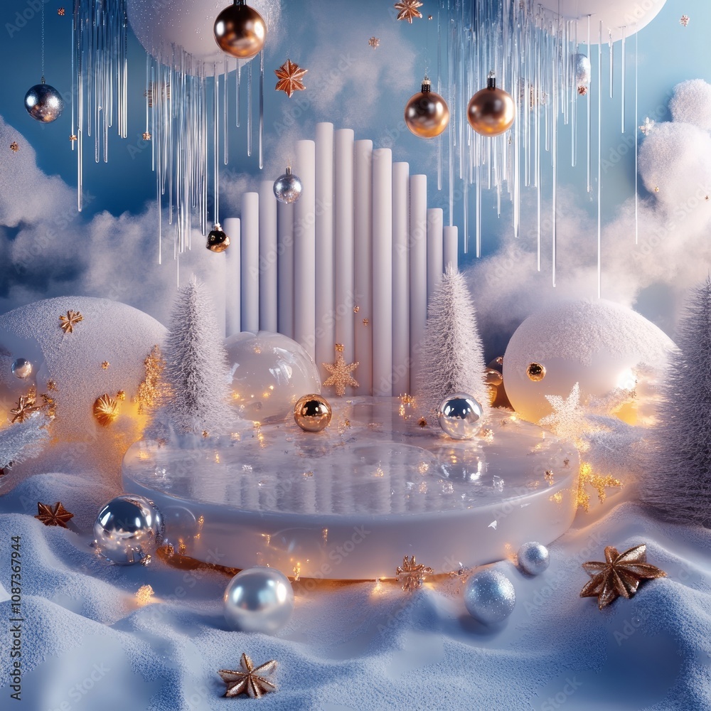Wall mural cozy new year abstract scene 3d with abstract forms , ice elements
