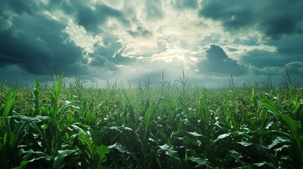 Fototapeta premium Dramatic cloudy sky over lush cornfield rural landscape nature photography sunset wide angle agricultural serenity