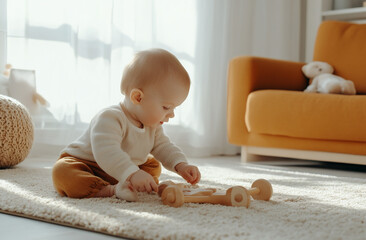 Fototapeta premium baby playing on a soft rug in a bright living room, surrounded by wooden toys and neutral decor
