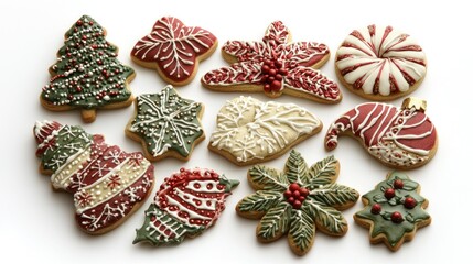 A collection of beautifully decorated Christmas cookies arranged on a white background, ideal for a clean and festive look.