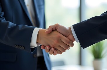 A close-up  a firm handshake between two businesspeople, in a professional setting with a blurred office background