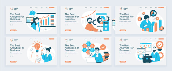 Business analytics concept of landing page with slide templates set in flat design. Website headers with people analyzing data graphs, monitoring, calculating financial report. Vector illustrations.