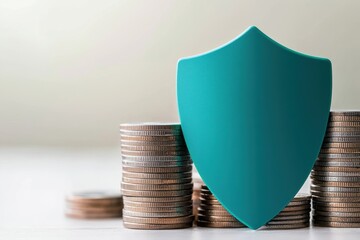 Social security pensions concept. A shield stands in front of stacked coins, symbolizing financial security and protection.