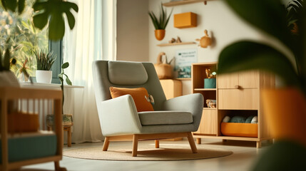 Modern living room interior with a gray armchair, orange pillow, and wooden furniture surrounded by green indoor plants and natural sunlight.