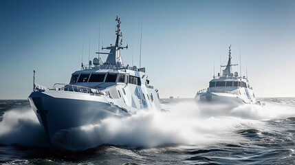 Naklejka premium Naval patrol boats cruising through the open sea, maintaining security and vigilance in international waters, symbolizing maritime defense and global cooperation.