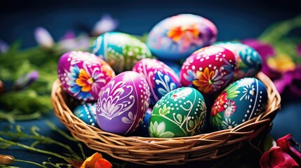 Fototapeta premium colorful easter eggs in basket . With copy space