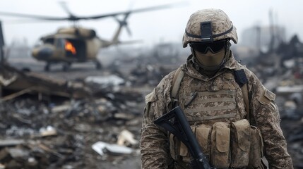 An armored soldier grips a rifle, surrounded by scattered debris, with a helicopter hovered close by, representing scenes of conflict and preparation.
