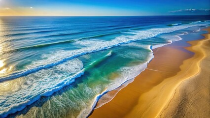 A symphony of turquoise and azure, as the sun-kissed waves crash upon the golden shores, creating a breathtaking aerial view of a tranquil paradise.