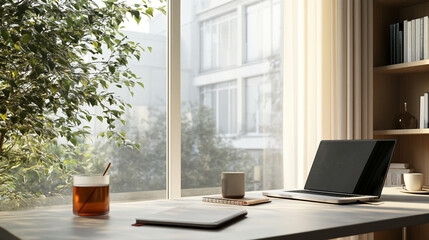 Fototapeta premium A light-colored desk sits by a window with sheer curtains