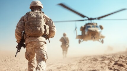 Two soldiers walk confidently towards a helicopter, their shadows stretching under the harsh desert sun, embodying teamwork, determination, and readiness for action.