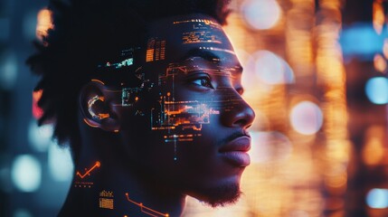 black man in front of a technological screen with data reflection on his face