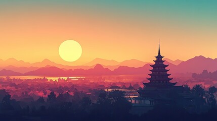 Pagoda Silhouette Against Sunset Over Mountains and City
