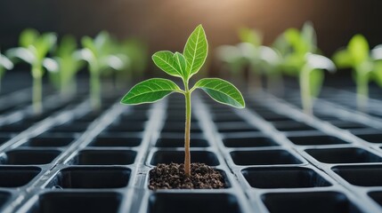 A close-up of a young plant sprouting from soil, surrounded by other seedlings in a nursery tray, symbolizing growth and new beginnings.
