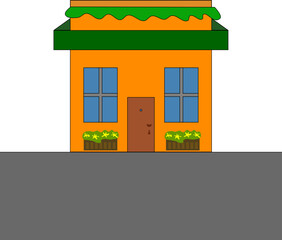 one-story building, orange, with windows and flower beds