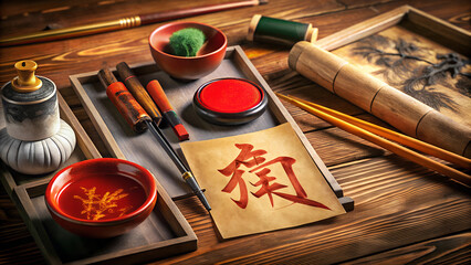 Traditional Chinese calligraphy tools, including brushes, inkstone, and red seal stamp, arranged on a rustic wooden table, symbolizing cultural heritage and artistic tradition, in a warm and inviting 