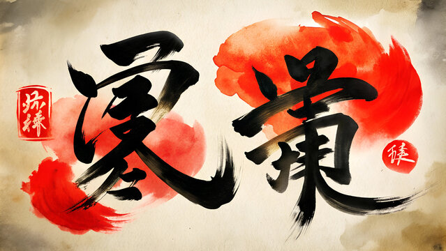 Finished Chinese Calligraphy Artwork, Bold Strokes and Red Seal Stamp, with Soft Lighting