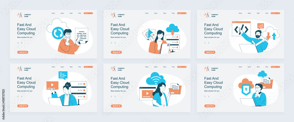 Aufkleber Cloud computing concept of landing page with slide templates set in flat design. Website headers with people do online sync, work with digital files and using cloud storage. Vector illustrations.