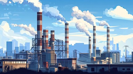 Obraz premium Industrial cityscape with tall smokestacks emitting smoke into the blue sky