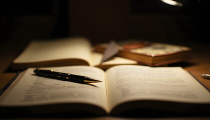 Fototapeta premium Writing in a journal with a pen on a wooden table at night