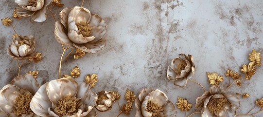 Obraz premium dry gold peony flowers on concrete stone background 6