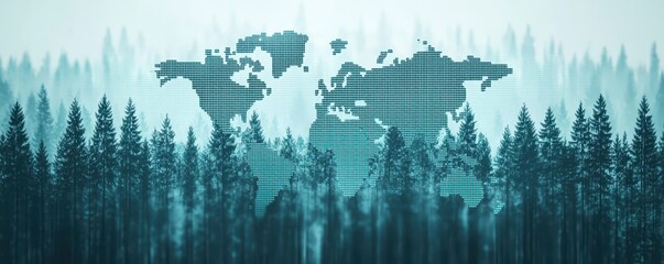 A digital representation of a world map integrated with forest imagery, symbolizing the connection between nature and technology.