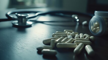 Tablets and capsules scattered on a doctor's desk, with a stethoscope and pill bottle subtly blurred in the background, capturing the details of the pills with soft natural light for a clinical settin