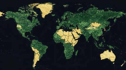 A world map highlighting regions in green and yellow, showcasing geographical distribution with a focus on land use and vegetation.