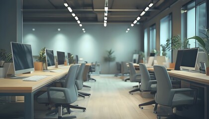 casual office environment with light wood desks and soft gray chairs