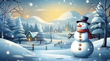 Obraz premium Happy snowman standing in christmas landscape. Snow background with copy space