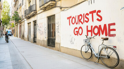 Obraz premium Curvy narrow street with residential buildings and protest graffiti Tourists Go Home, overtourism concept