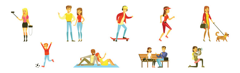 People Walking and Strolling Along Park Relaxing at Weekend Vector Set