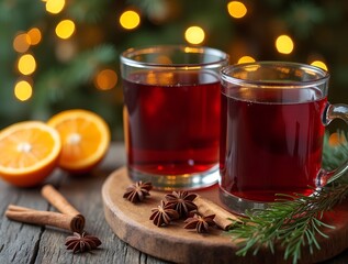 Two glasses of christmas mulled red wine with oranges, cinnamon, anise, a classic holiday and winter hot beverage. Traditional Xmas festive drink with decorations and fir tree