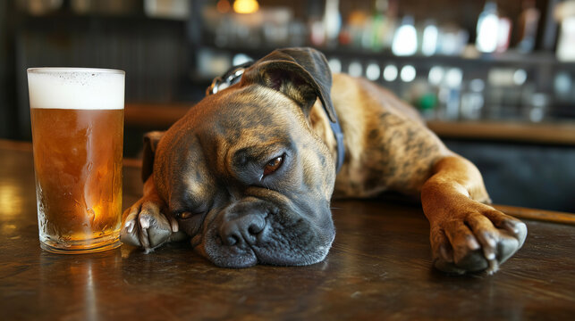 Sleepy drunk brown boxer dog resting its head on a wooden bar table beside a frosty glass of beer in a cozy pub setting. Alcoholism