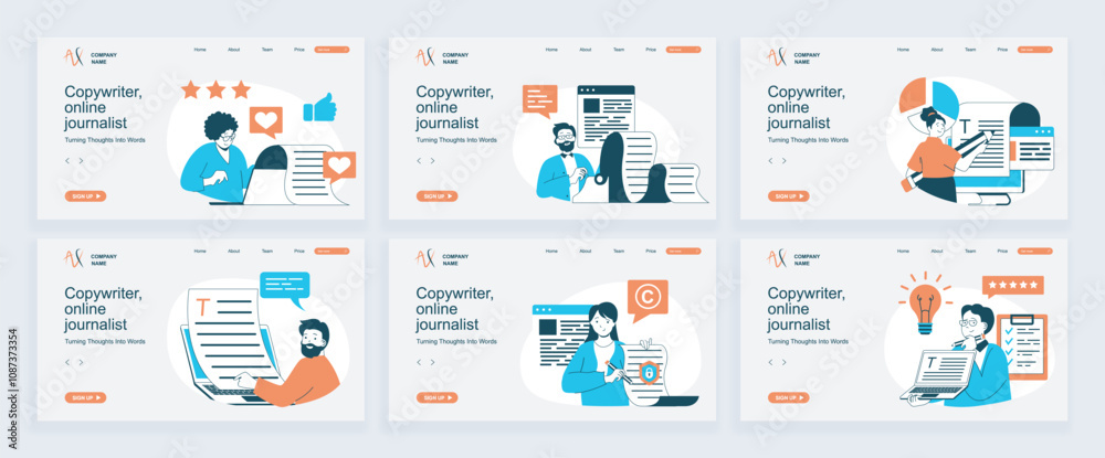 Leinwandbilder Copywriter concept of landing page with slide templates set in flat design. Website headers with people working as online journalists, write articles, make posts in social media. Vector illustrations.