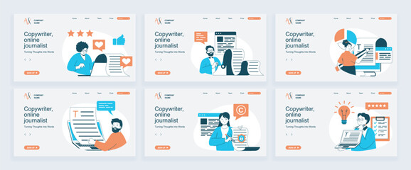 Copywriter concept of landing page with slide templates set in flat design. Website headers with people working as online journalists, write articles, make posts in social media. Vector illustrations.
