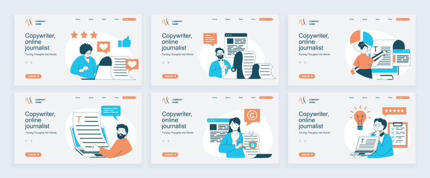 Copywriter concept of landing page with slide templates set in flat design. Website headers with people working as online journalists, write articles, make posts in social media. Vector illustrations.