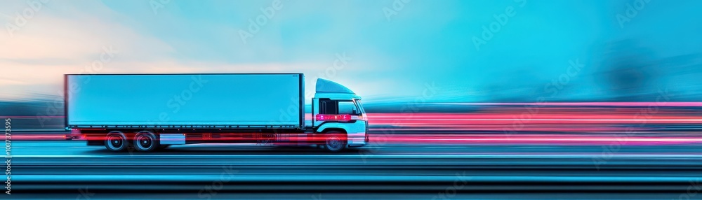 Poster truck with autonomous driving tech on multilane highway, side view, emphasizing ai in logistics, rob