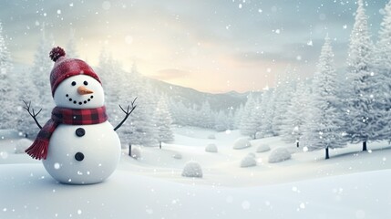 Fototapeta premium Happy snowman standing in christmas landscape. Snow background with copy space