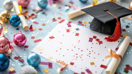 A detailed view of a personalized graduation card with a handwritten note and festive design